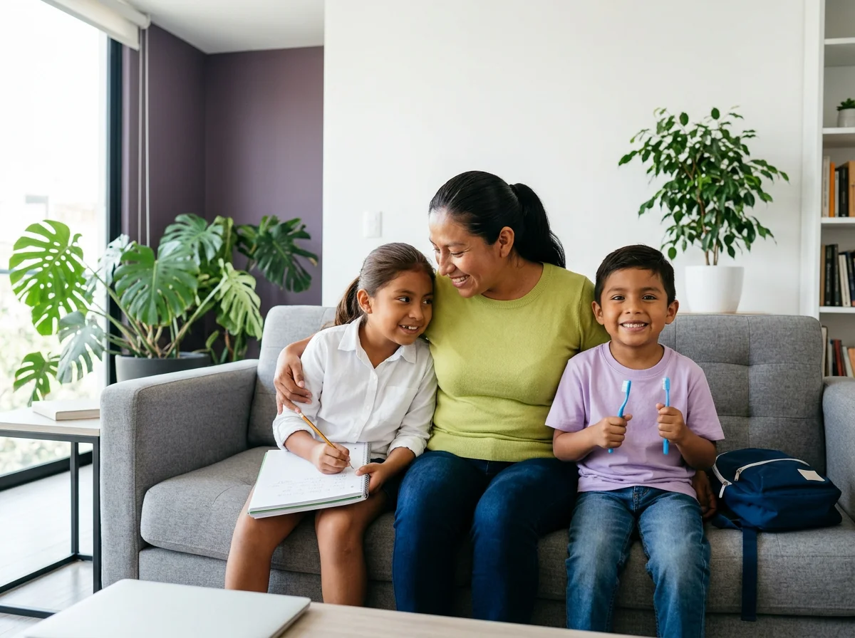 Mamá abrazando a sus hijos