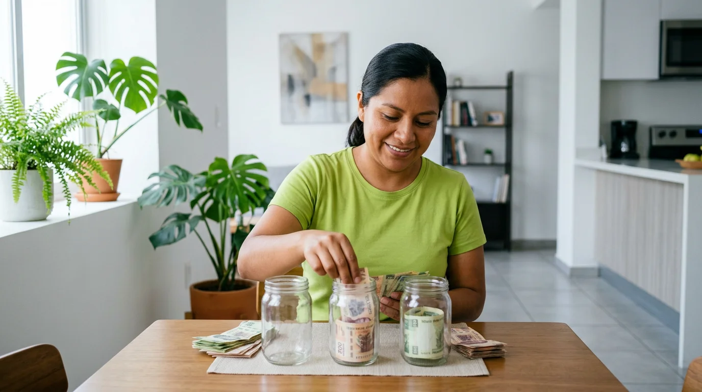 Mujer separando su dinero semanal en frascos