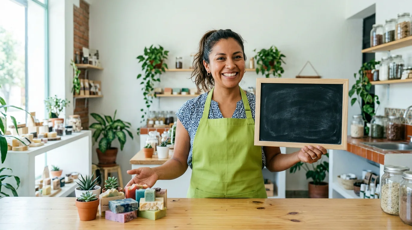 Persona emprendedora exhibiendo su producto con creatividad