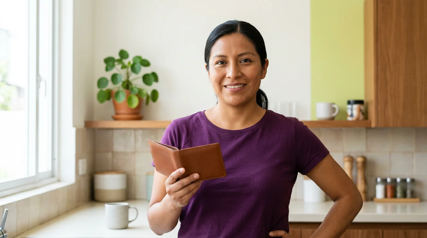 Mujer revisando su cartera con calma a mitad de semana