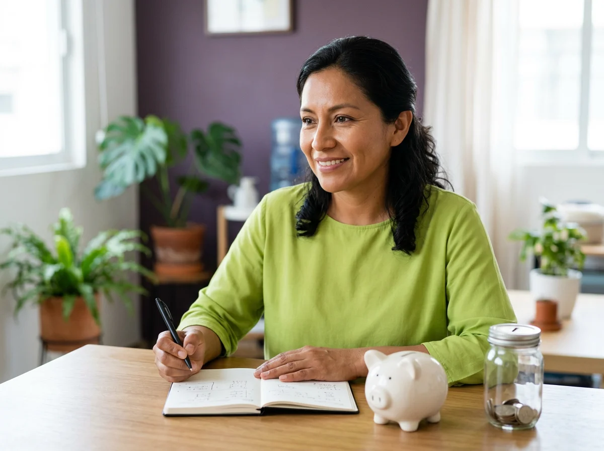 Mujer organizando su dinero con calma y claridad