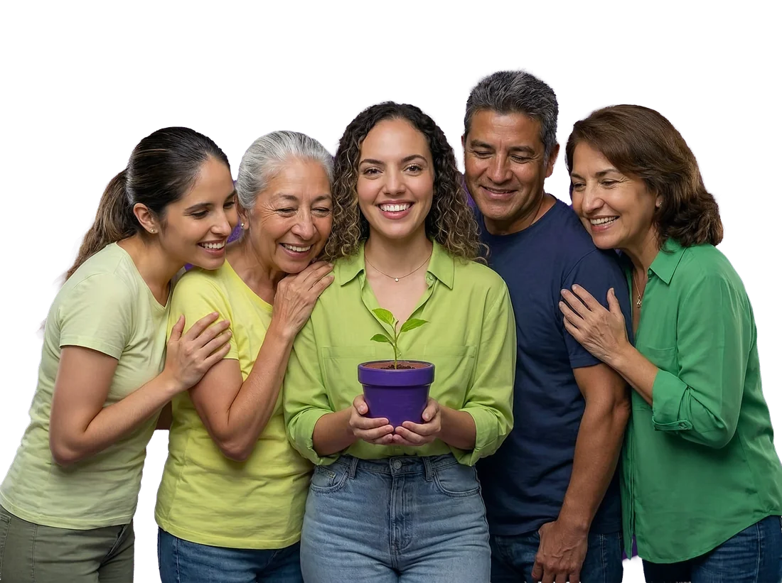 Grupo de 5 personas felices sosteniendo una planta en maceta morada Podemos