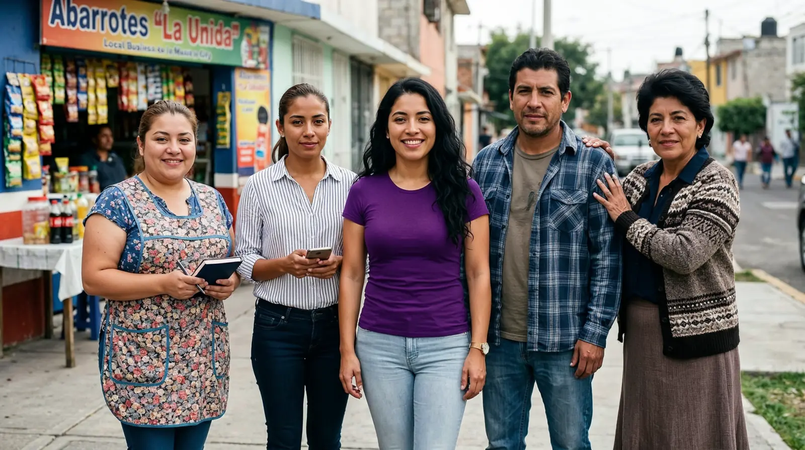 Grupo de 5 personas frente a tienda Abarrotes La Unida