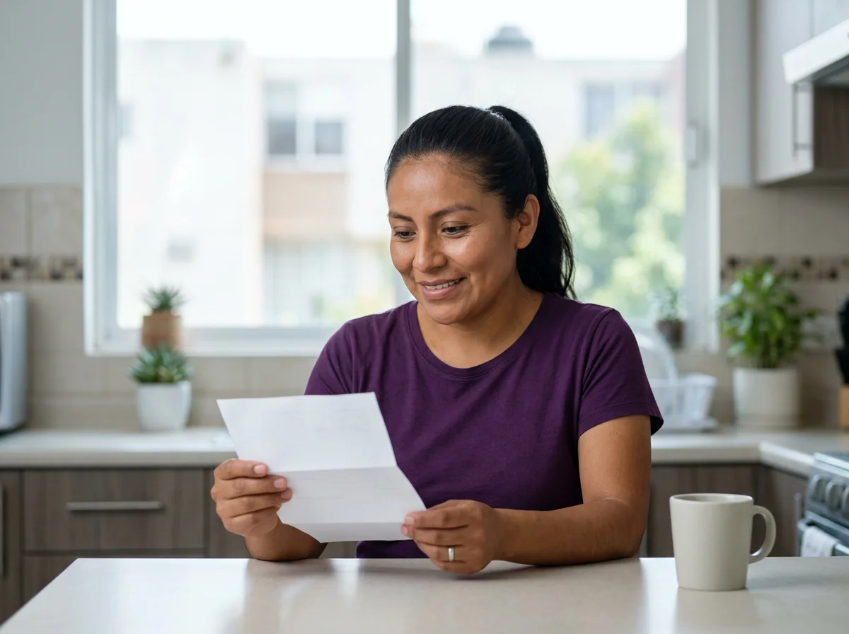 Mujer revisando un documento en casa