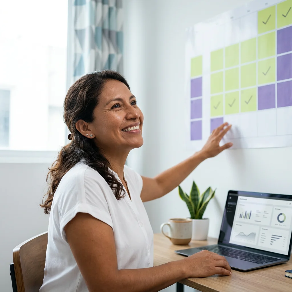 Mujer marcando progreso en su calendario de pagos