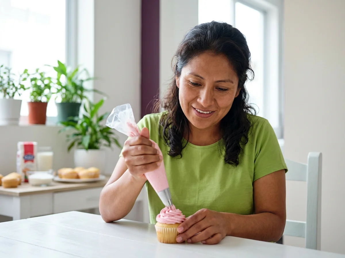 Mujer aplicando lo aprendido decorando un cupcake