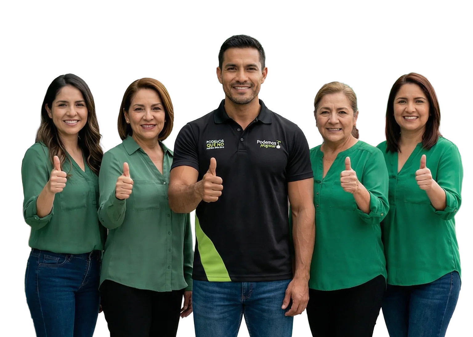 Grupo de 5 personas con thumbs up junto a personal de Podemos